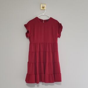 MIHOLL Tiered Babydoll Dress Small Red Ruffle Sleeve Lined Office Career Preppy